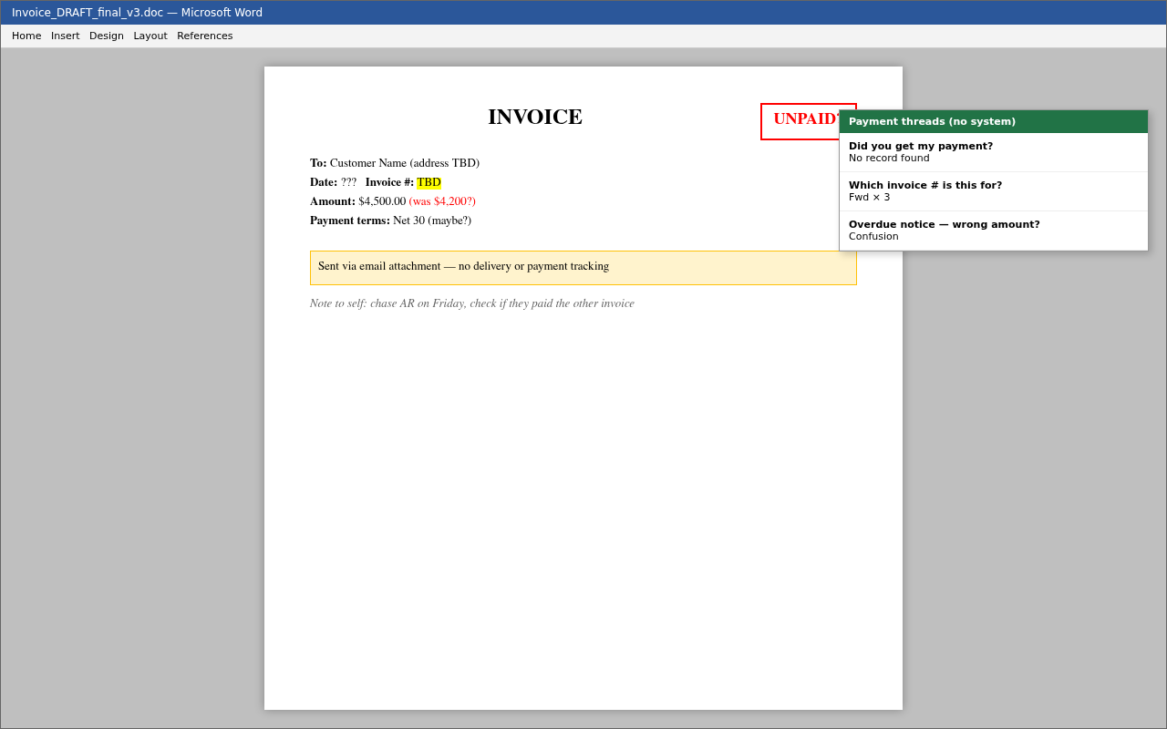 Manual Word document invoice with unclear payment status and email confusion