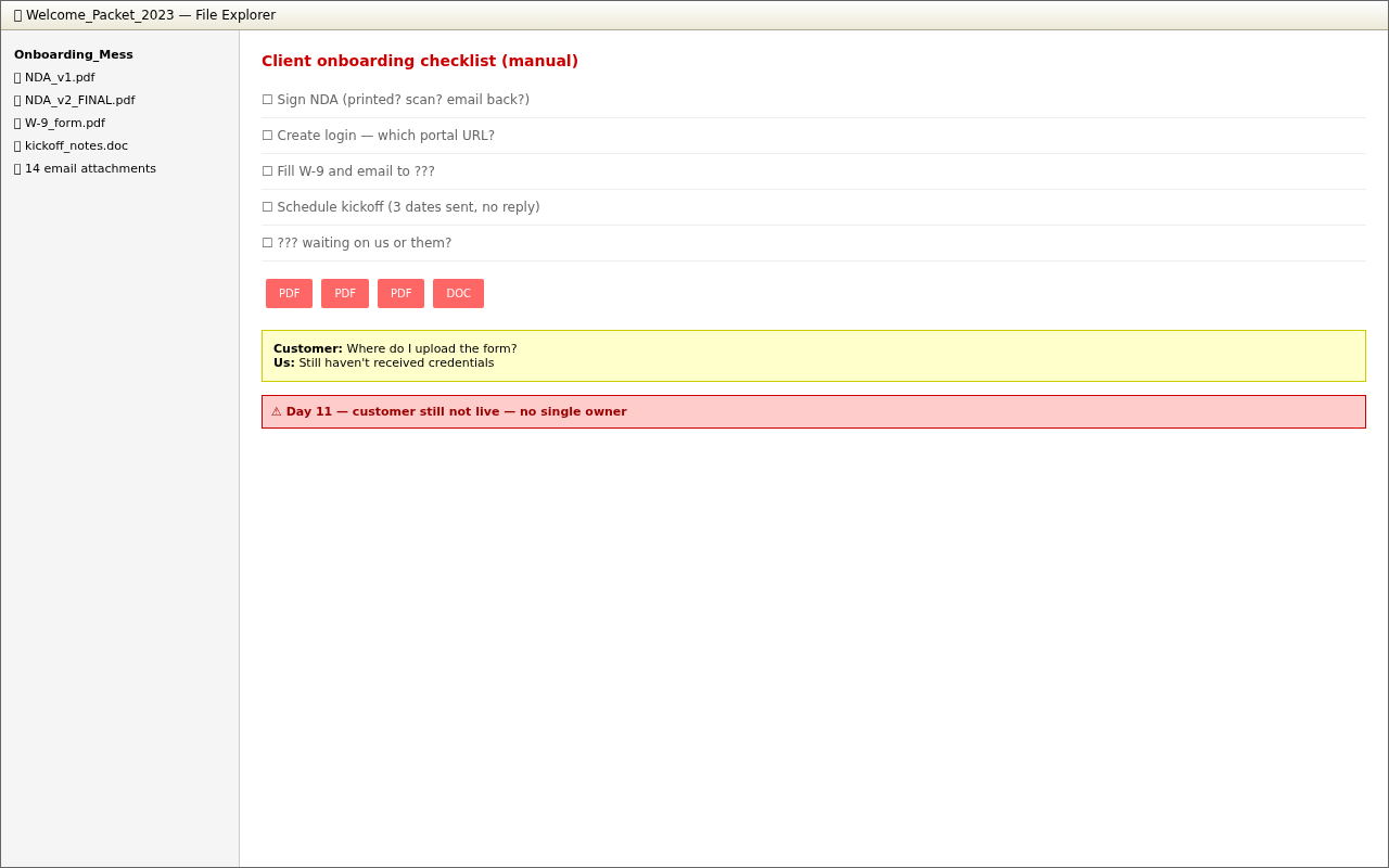 Chaotic client onboarding with PDF forms, email attachments, and unclear checklist