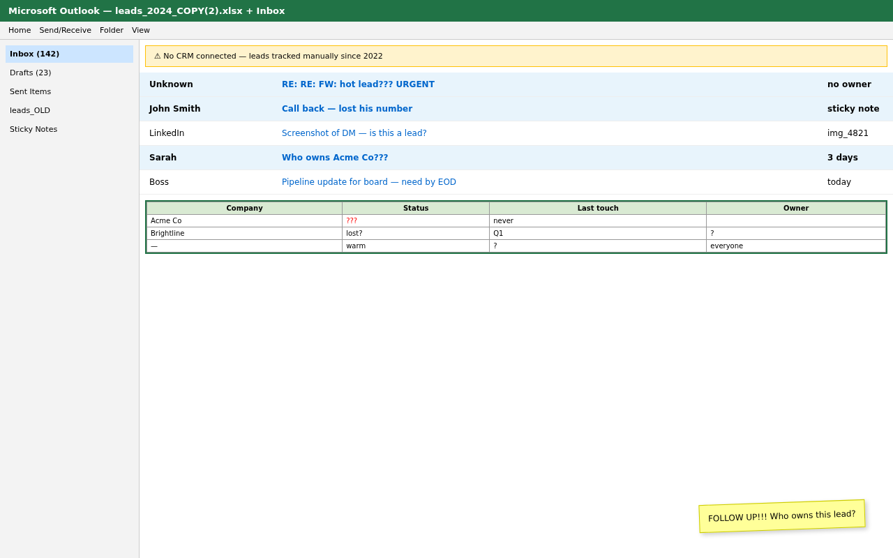 Disorganized sales leads scattered across email inbox and outdated spreadsheet